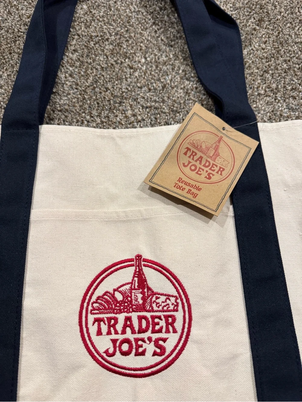 Trader Joe’s: Canvas Large Tote Bag in Navy and Cream NEW WITH TAGS (21”x11”)